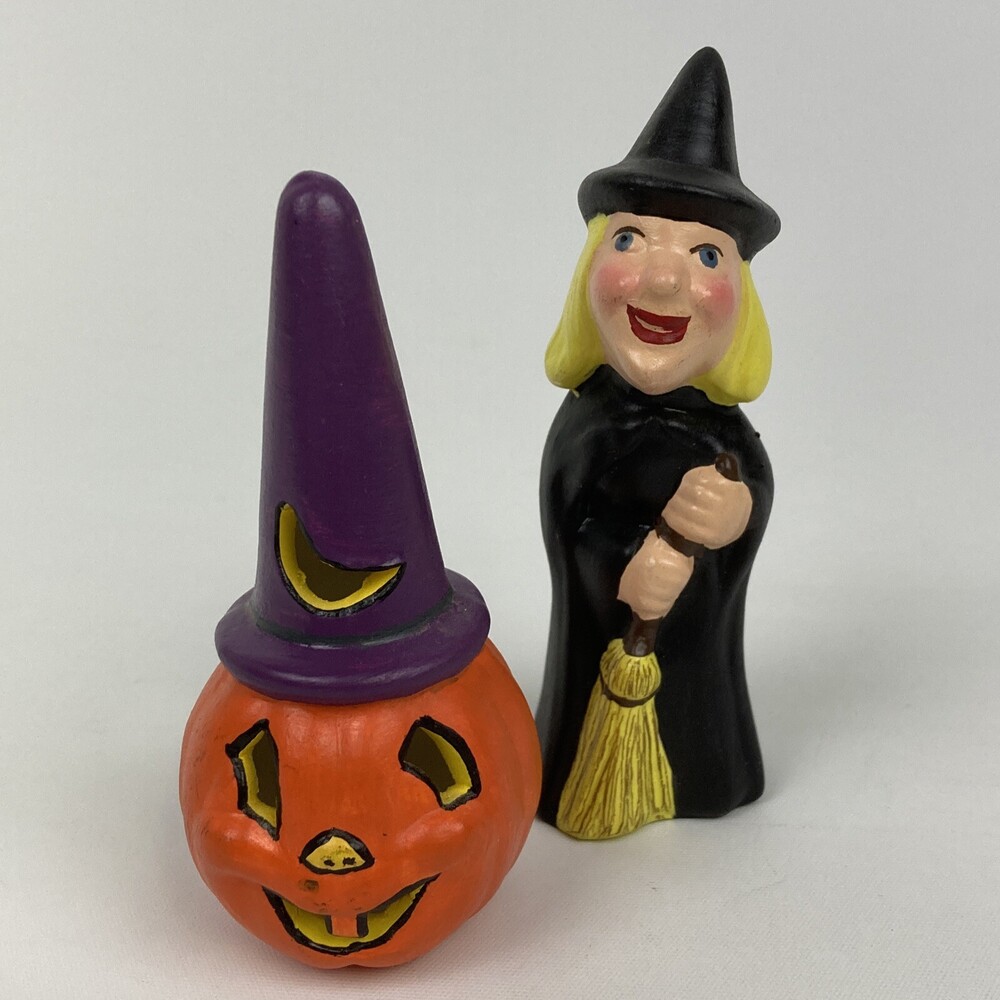 VTG 70s Halloween Ceramic 4" Gurley Candle Style Handmade Witch & JOL Figurines